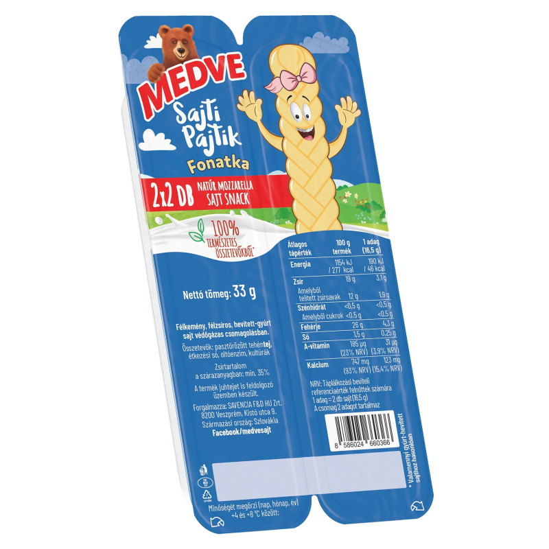 Medve Sajti Pajtik fonatka natúr mozzarella sajt snack 2x16,5 g